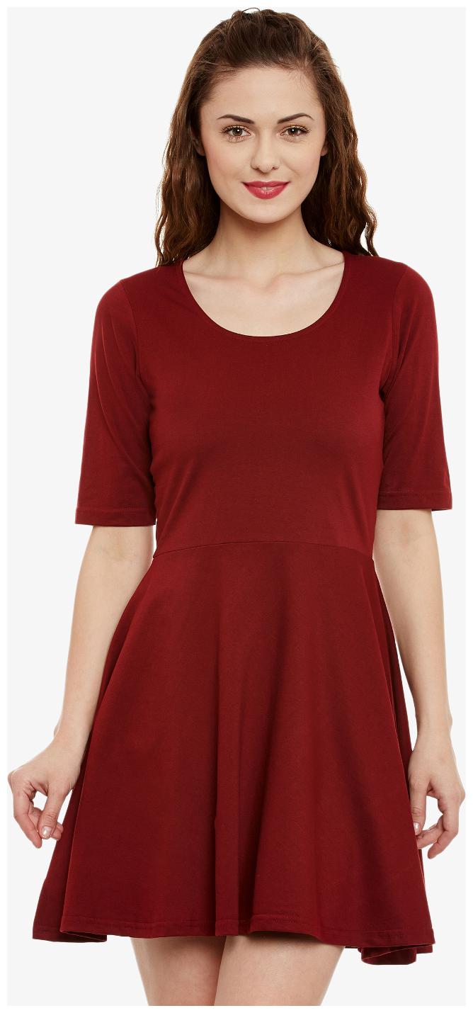 

Miss Chase Women s Maroon Solid Round Neck Half Sleeve Mini Skater Dress