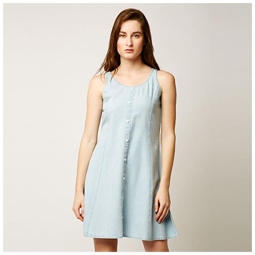 

Miss Chase Women s Light Blue Round Neck Sleeveless Solid Buttoned Mini A-Line Denim Dress