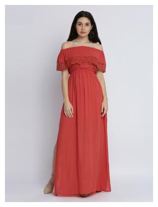 

Miss Chase Women s Orange Off Shoulder Sleeveless Solid Layered Bardot Style Maxi Dress
