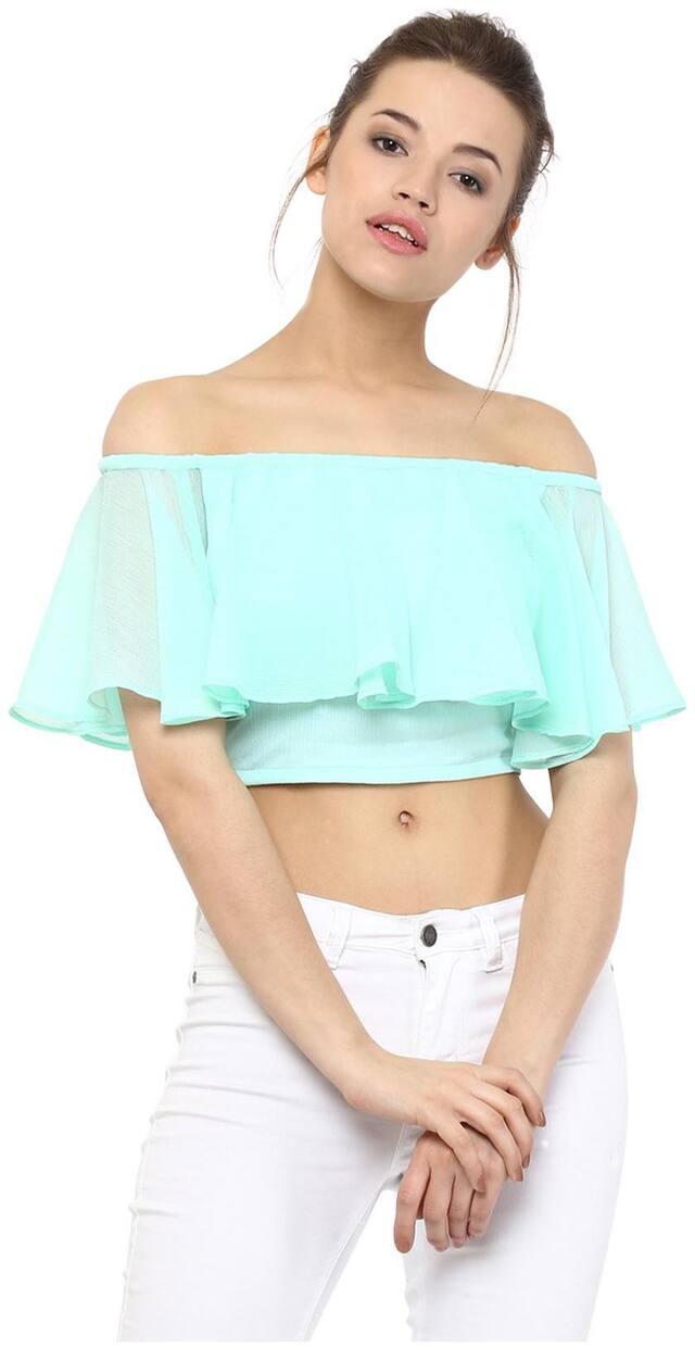 Miss Chase Women's Mint Off Shoulder Sleeveless Ruffles Crop Top