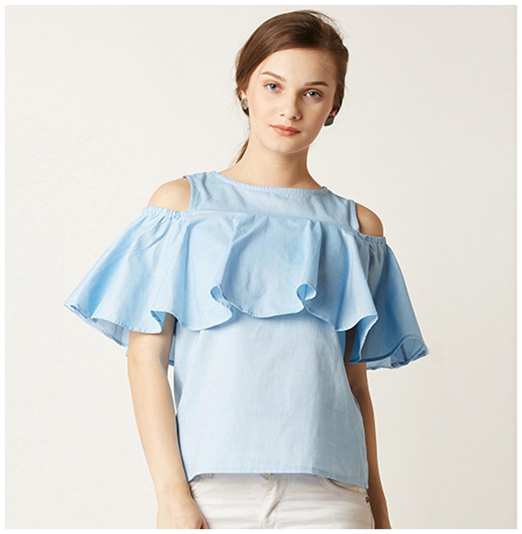 

Miss Chase Women s Light Blue Round Neck Half Sleeves Ruffled Cold Shoulder Top