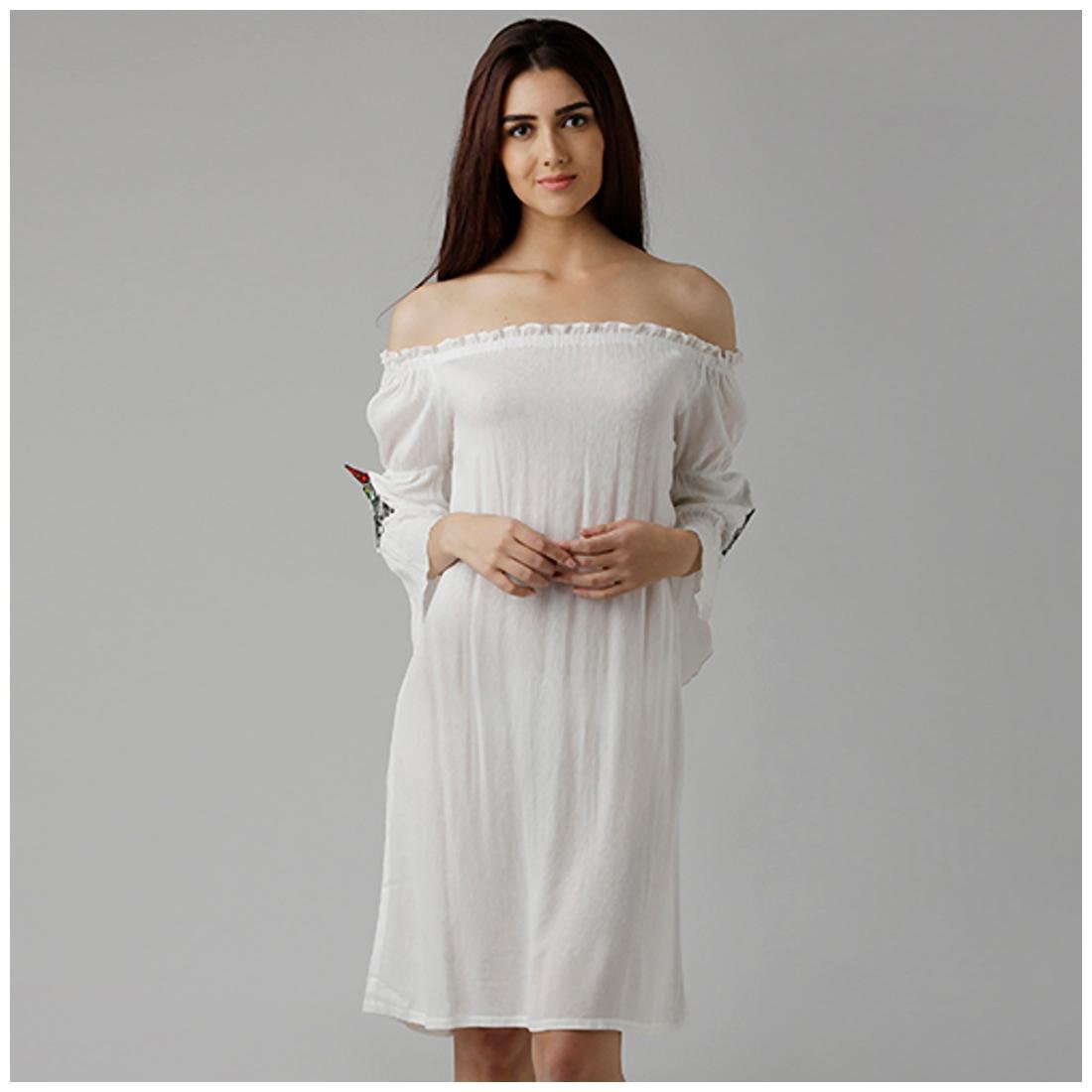 

Miss Chase Women s White Solid Off Shoulder Full Sleeve Gathered Embroidered Bardot Style Mini Dress