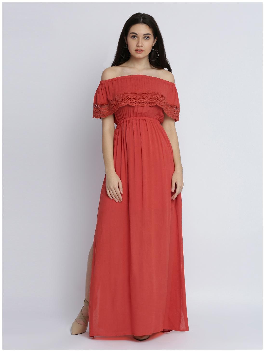 

Miss Chase Women s Orange Off Shoulder Sleeveless Solid Layered Bardot Style Maxi Dress