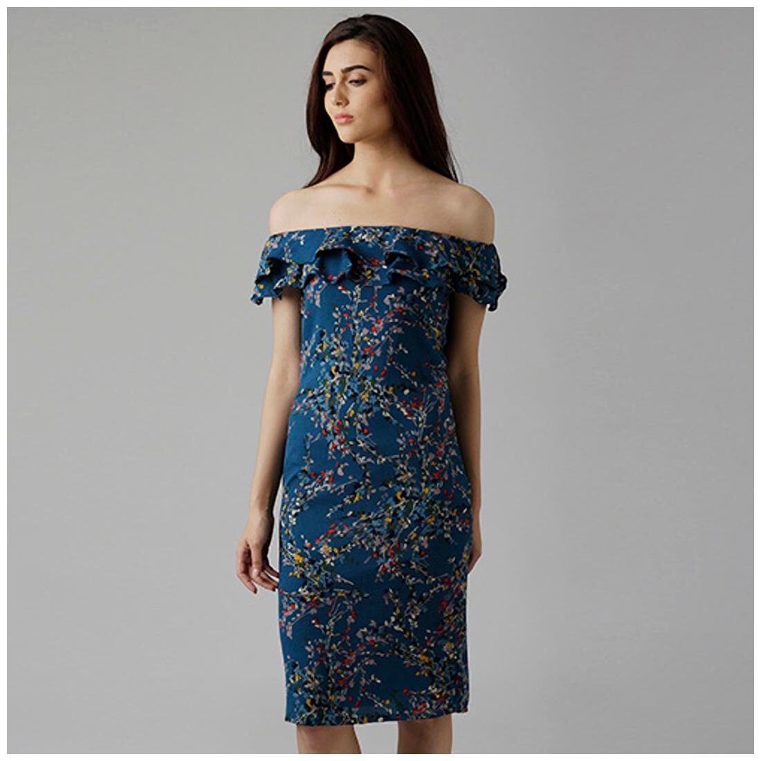 

Miss Chase Women s Multicoloured Off-Shoulder Sleeveless Knee-Length Bardot Ruffled Floral Shift Dress
