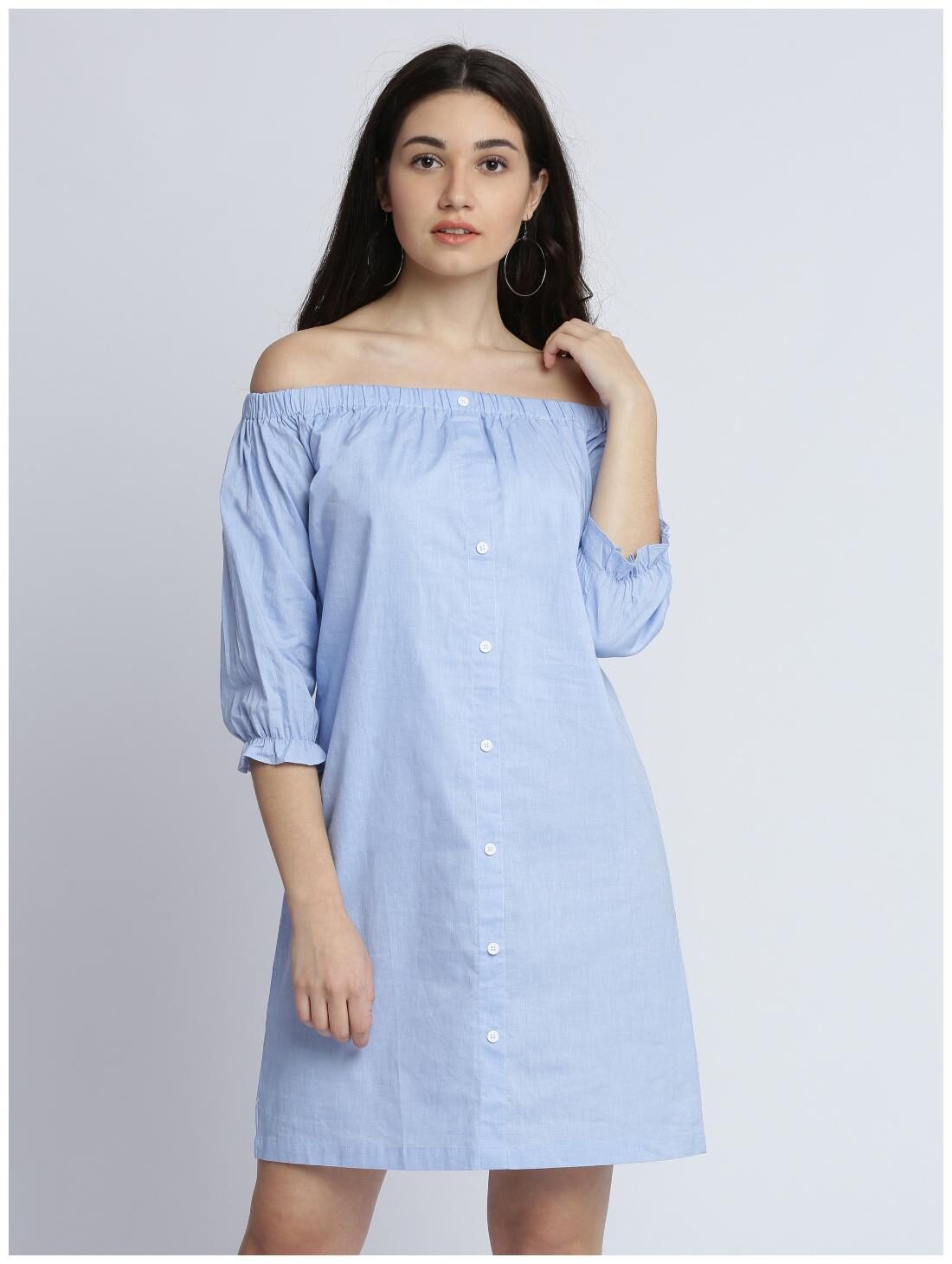 

Miss Chase Women s Blue Solid Off Shoulder 3 4 Sleeve Gathered Buttoned Bardot Style Mini Dress