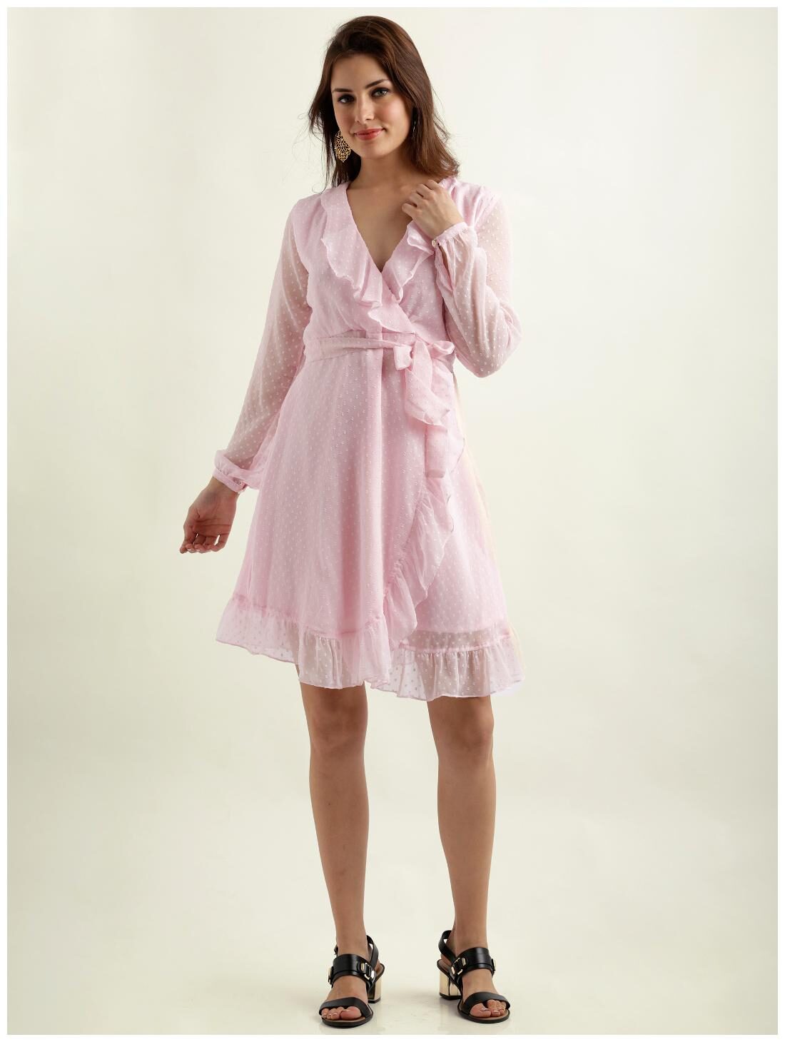 

Miss Chase Women s Pink V Neck Full Sleeve Solid Ruffled Gathered Tie-Up Knee-Long Skater Dress
