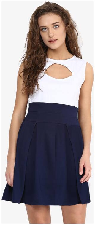 Miss Chase Women's White and Blue Round Neck Sleeveless CutOut Mini Skater Dress