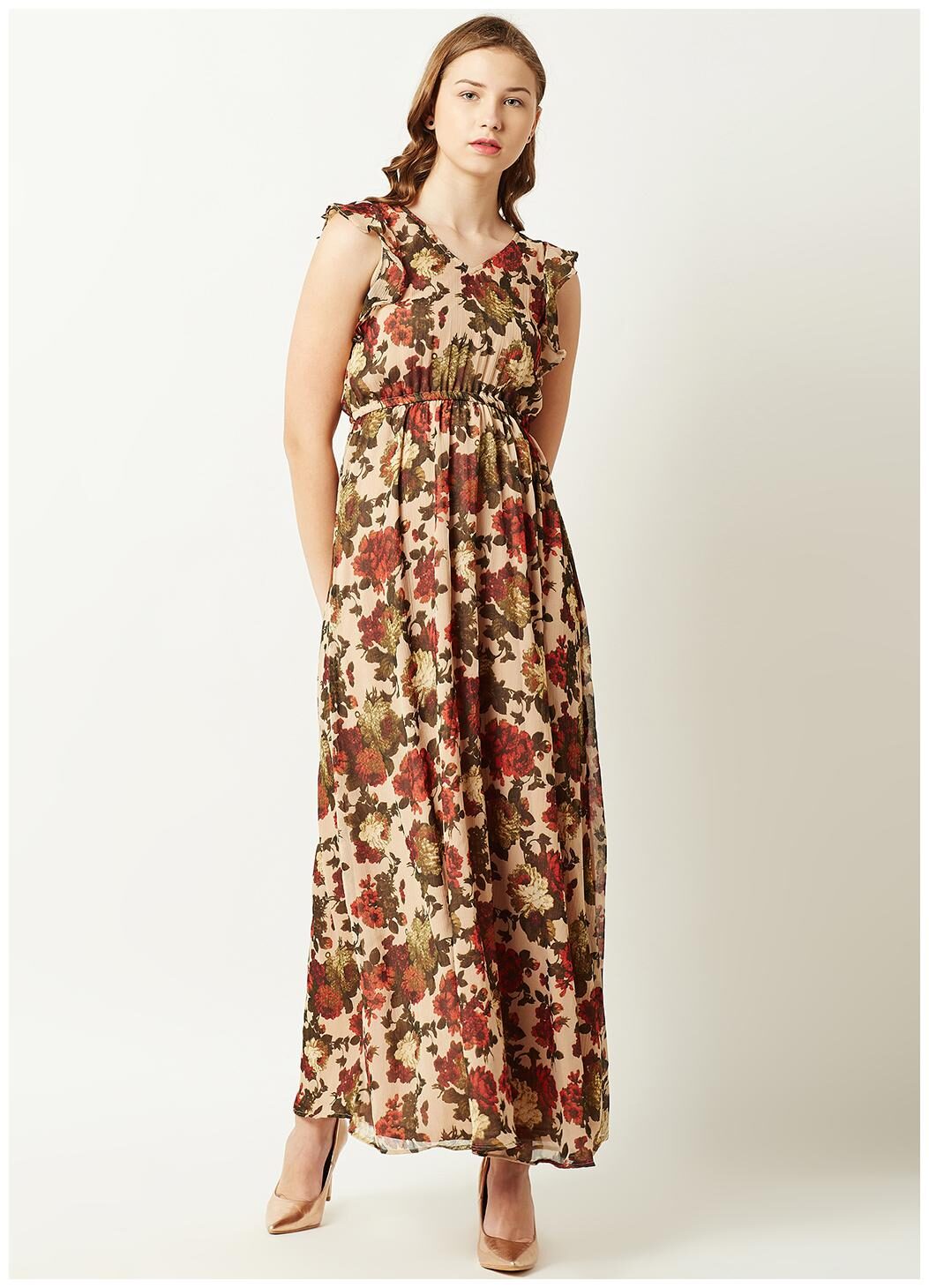 

Miss Chase Womens Multicolored V Neck Sleeveless Slim Fit Printed Maxi Dress