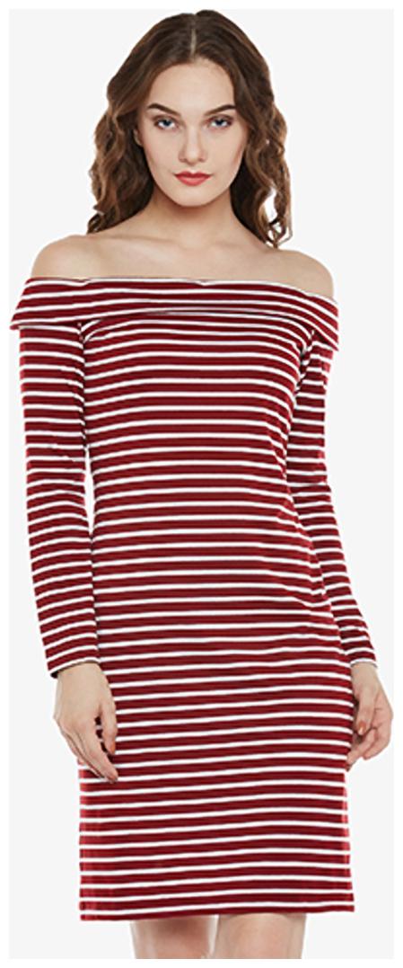 

Miss Chase Women s Maroon And White off shoulder Full Sleeve Striped Mini Layered Bodycon Dress