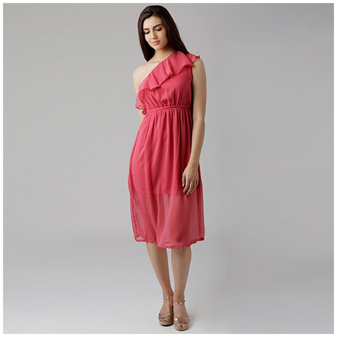 

Miss Chase Women s Pink One Shoulder Sleeveless Solid Ruffled Gathered Midi A-Line Dress