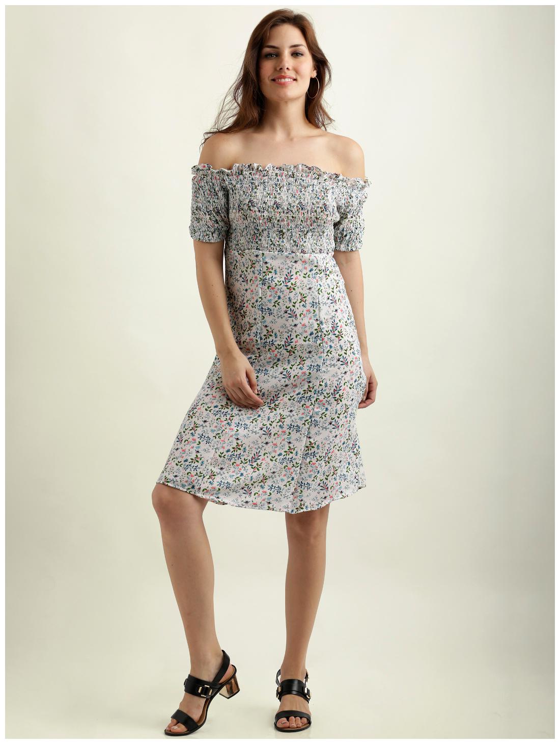 

Miss Chase Women s Multicoloured Off-Shoulder Half Sleeve Mini Panelled Floral A-Line Dress