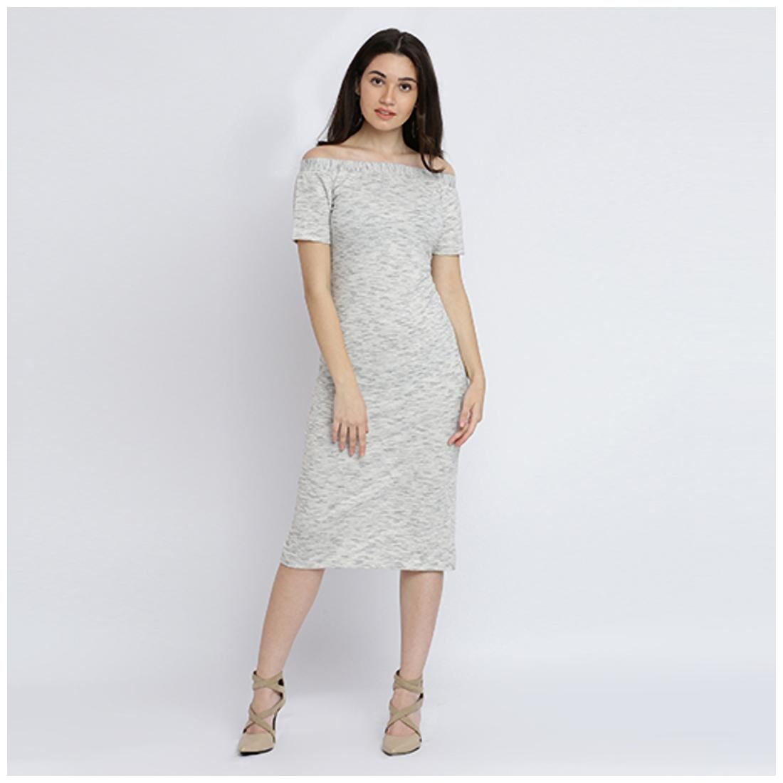 

Miss Chase Women s Off White Off-shoulder Short Sleeves Solid Midi Bodycon Dress