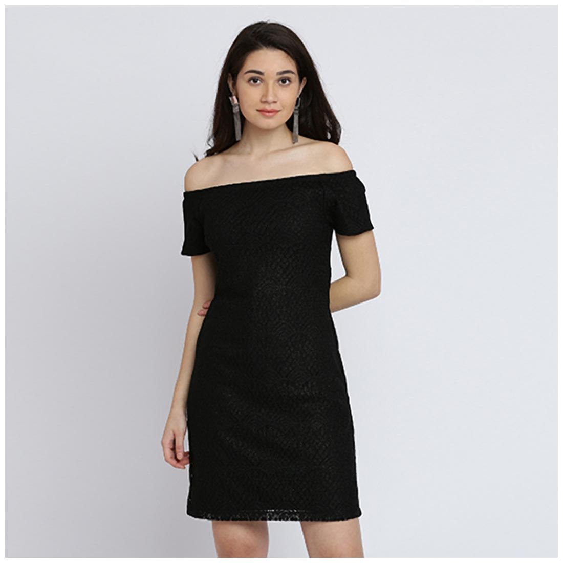 

Miss Chase Women s Black Off-shoulder Short Sleeve Solid Shimmer Lace Bardot Style Mini Dress