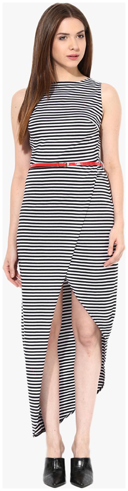 

Miss Chase Women s Black and White Round Neck Sleeveless Striped Wrap Maxi Dress