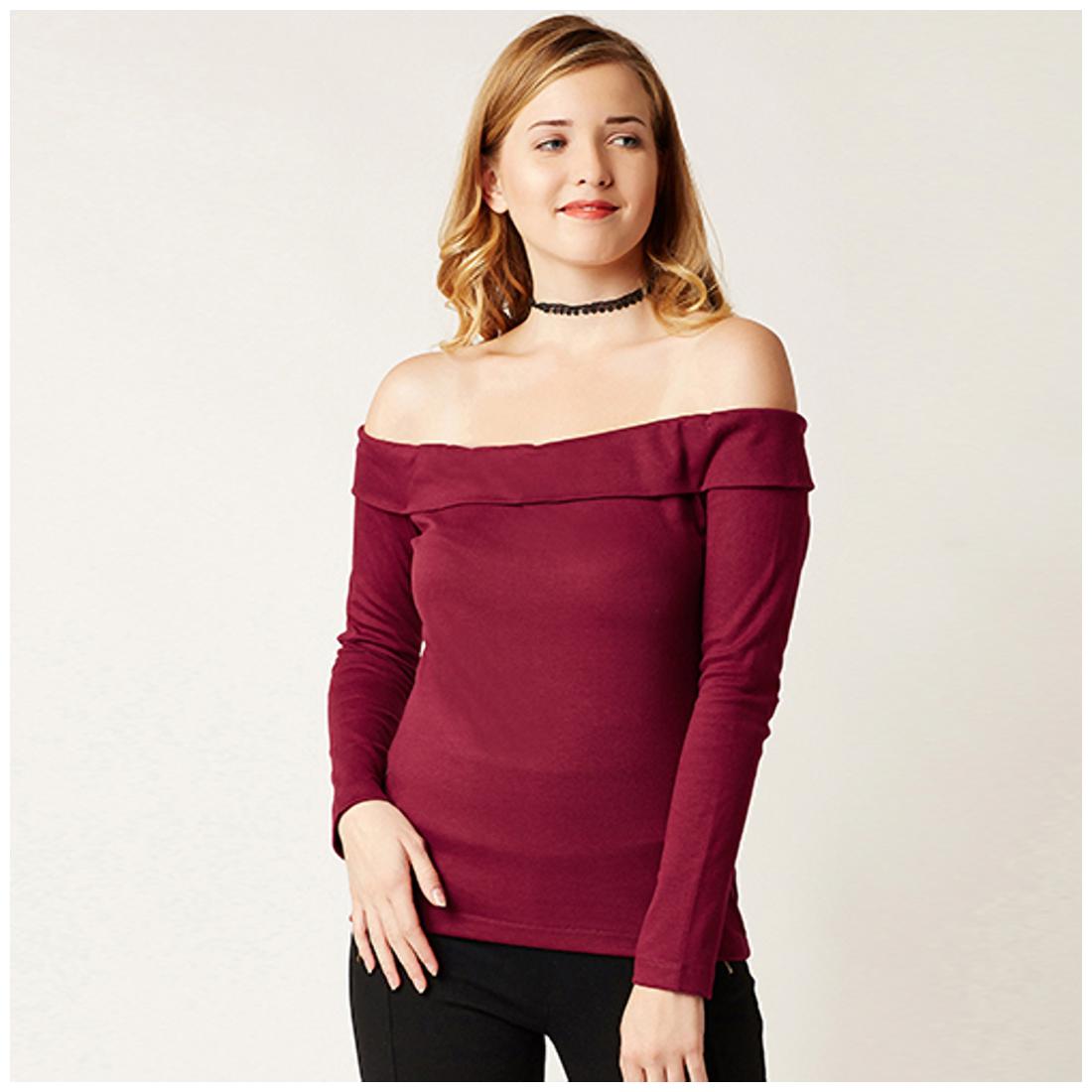 

Miss Chase Women s Maroon Off Shoulder Full Sleeve Solid Bardot Style Top