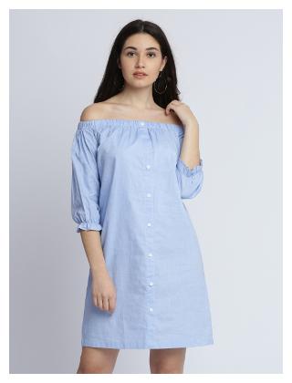 

Miss Chase Women s Blue Solid Off Shoulder 3 4 Sleeve Gathered Buttoned Bardot Style Mini Dress