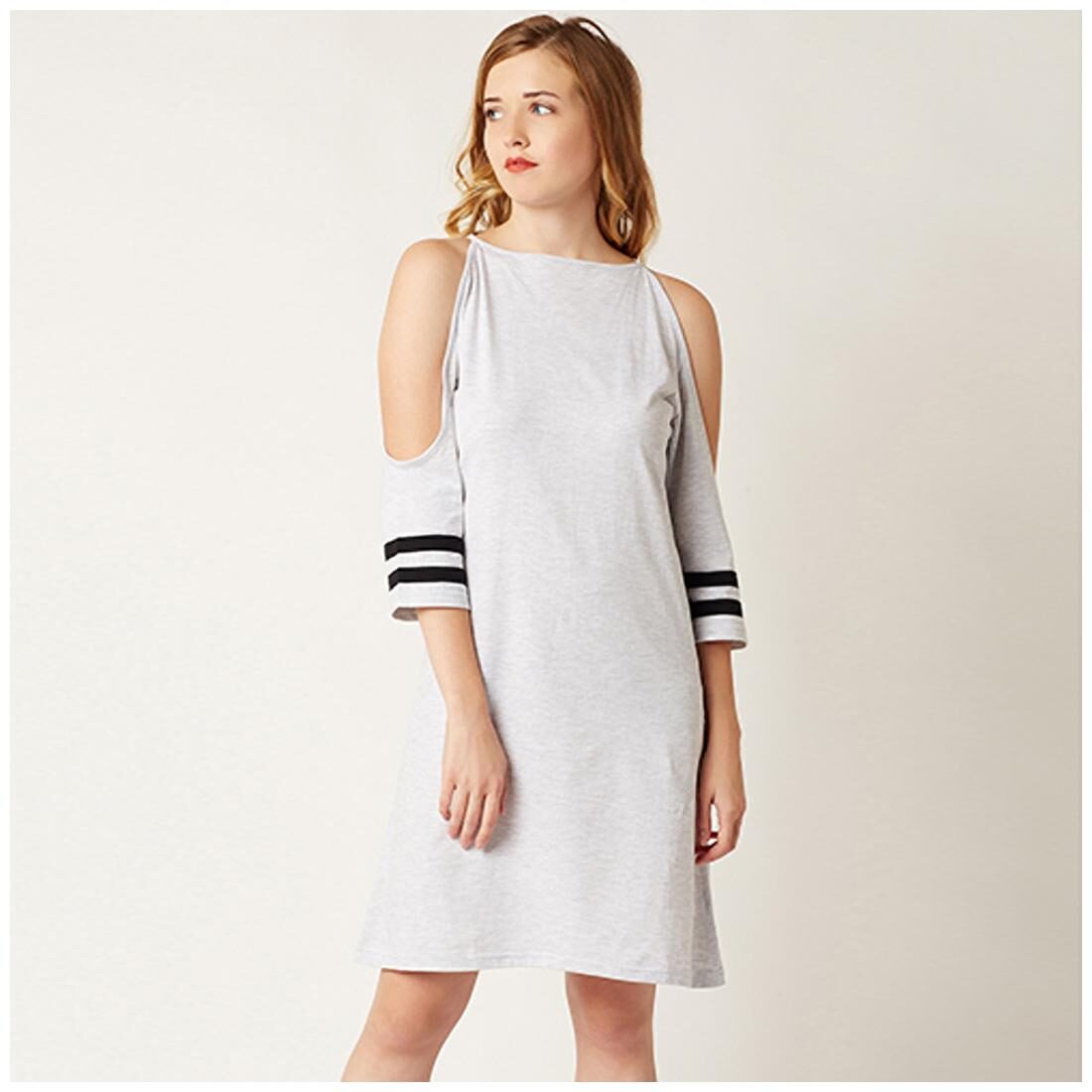 

Miss Chase Women s Light Grey Round Neck Half Sleeves Cold Shoulder Shift Dress