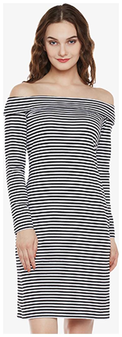 

Miss Chase Women s Black And White Bardot Full Sleeve Striped Mini Layered Bodycon Dress