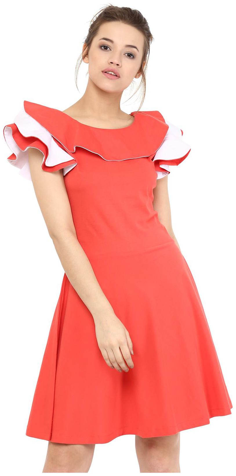 

Miss Chase Women s Coral and White Round Neck Sleeveless Ruffles Mini Frill Skater Dress