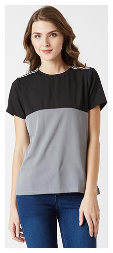

Miss Chase Women Crepe Colorblocked Regular Top Black Grey