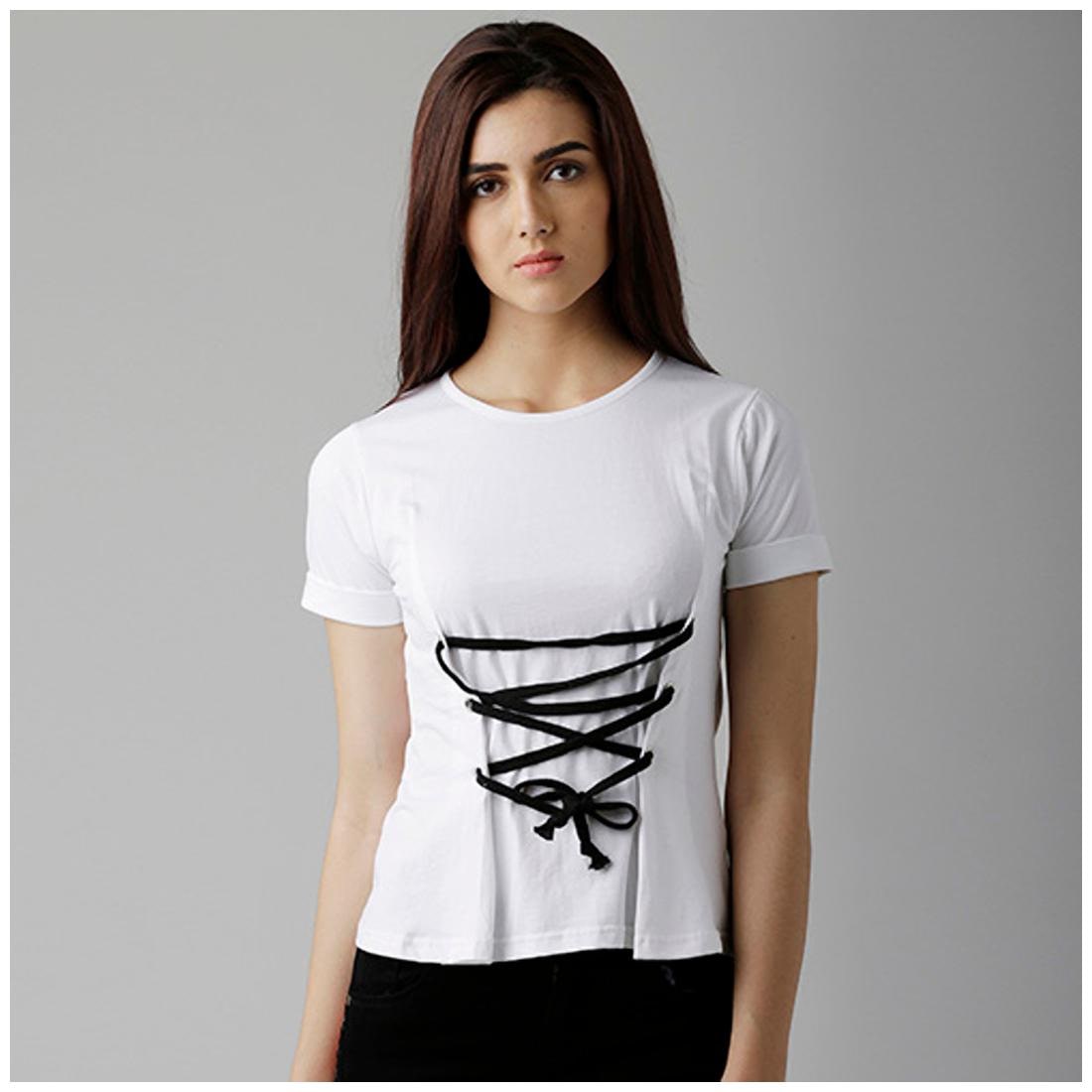 

Miss Chase Women s White Round Neck Short Sleeve Solid Cinched Waist Criss Cross Tie-Up Top