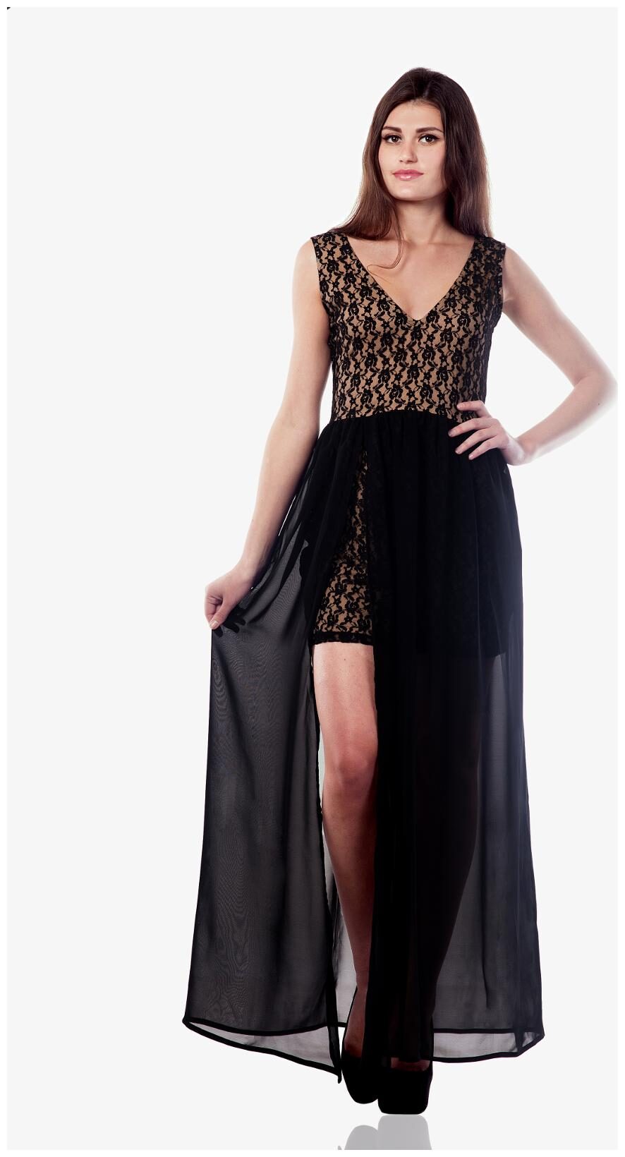 

Miss Chase Women s Black V-Neck Sleevless High Slit Lace Maxi Dress