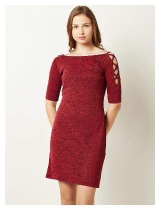 

Miss Chase Women s Maroon Round Neck Criss Cross Half Sleeve Solid Knee-Long Bodycon Dress
