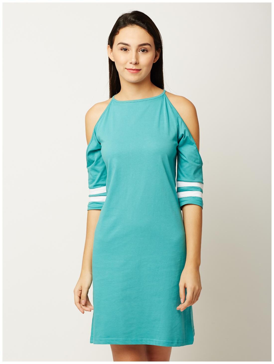 

Miss Chase Women s Light Blue Round Neck Half Sleeves Cold Shoulder Shift Dress