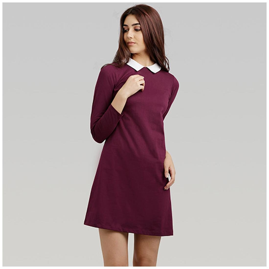 

Miss Chase Women s Magenta Collar Neck Full Sleeve Solid Knee-Long Shift Dress