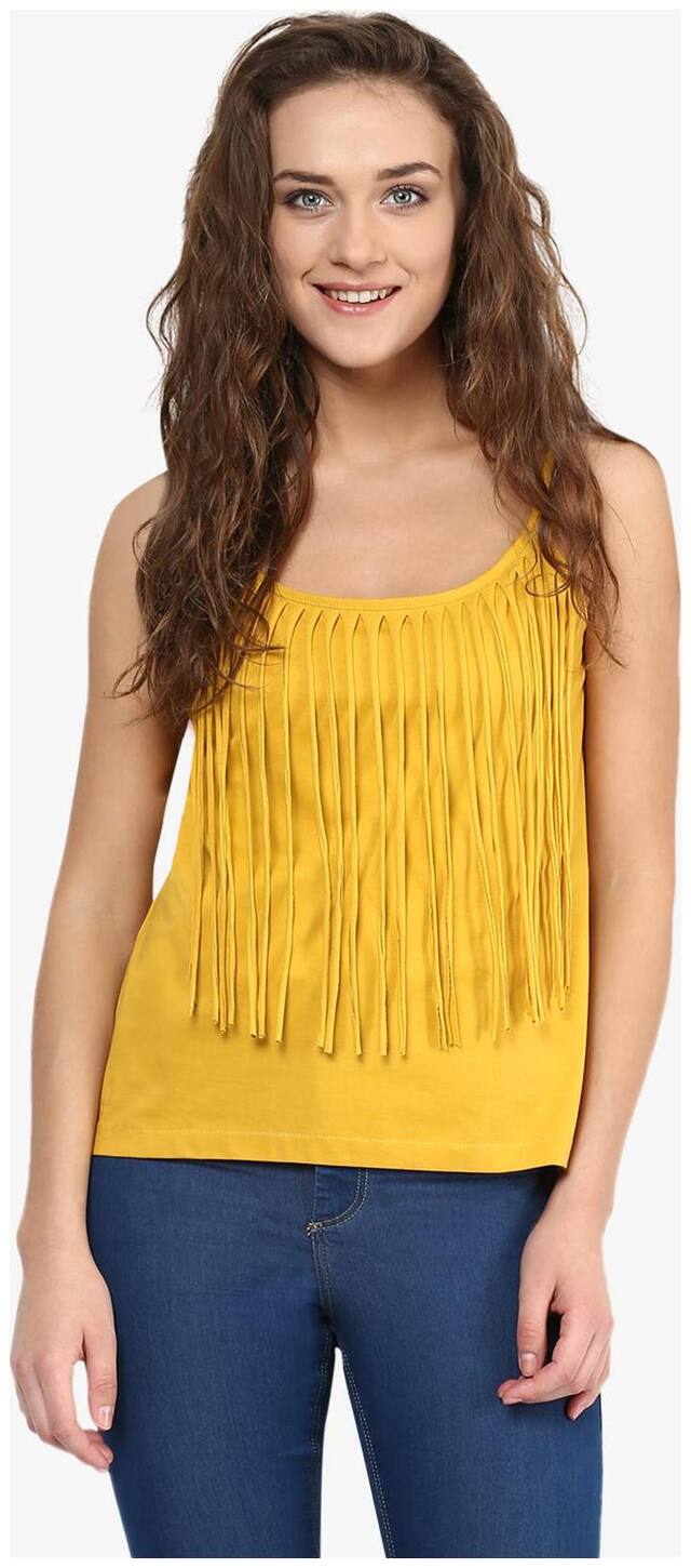 Miss Chase Women's Yellow Round Neck Sleeveless Fringes Basic Strappy Top