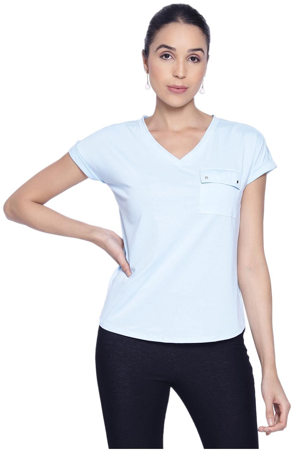 

MISS LONDON Women Green Regular fit V neck Cotton T shirt