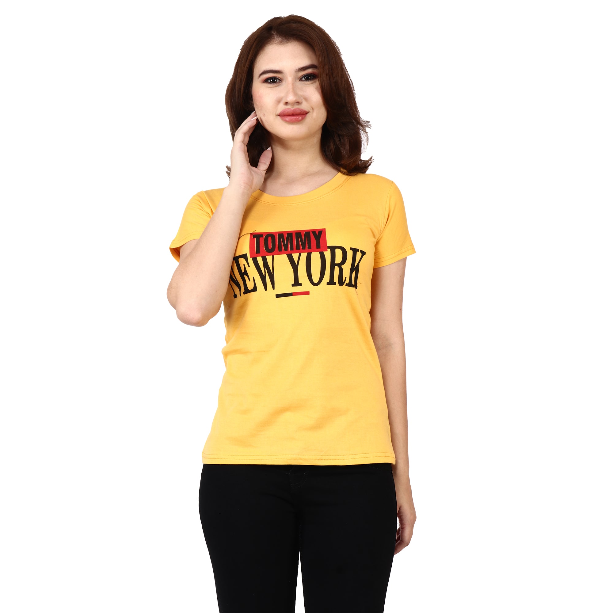 

Miss N World Women Yellow Regular fit Round neck Cotton T shirt