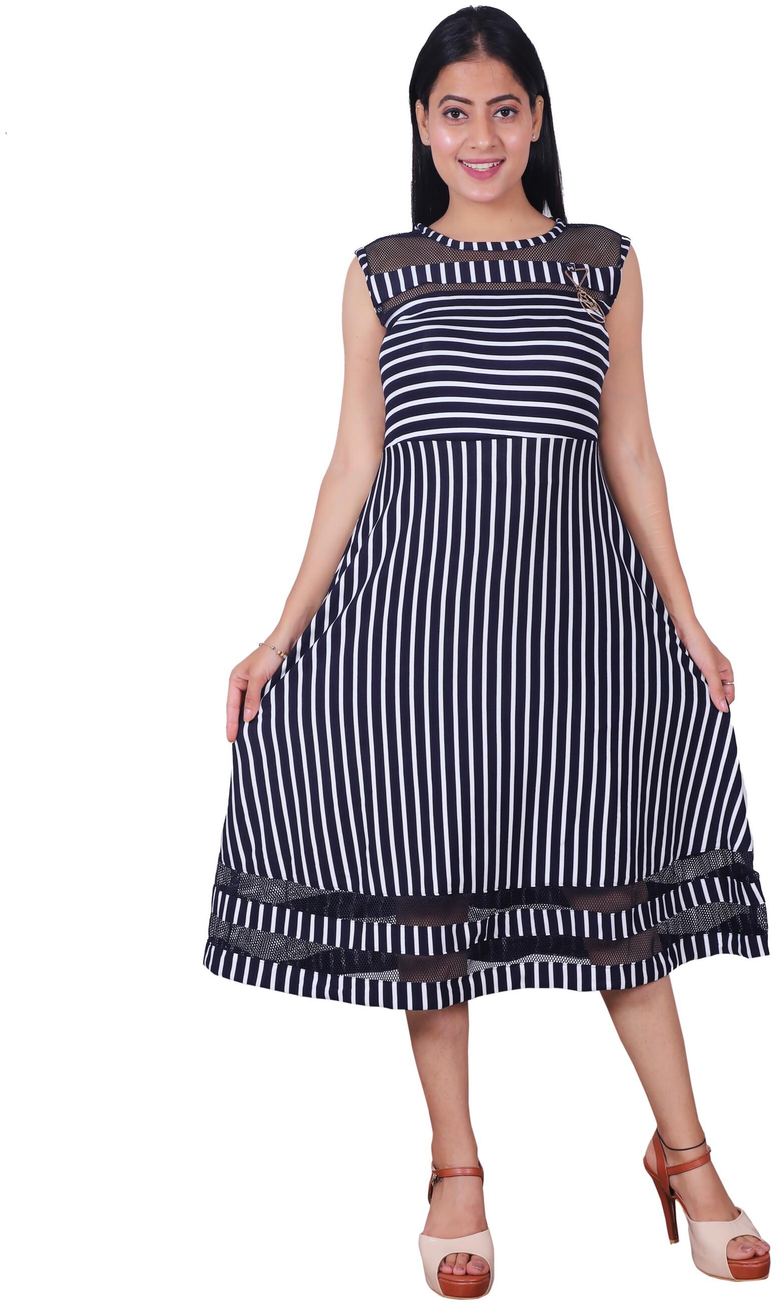 

Miss N World Women Blended Fit Flare Dress (Navy Blue White)