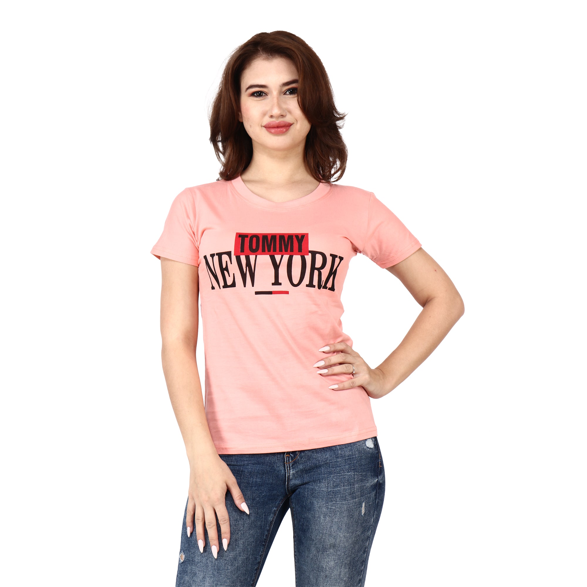 

Miss N World Women Peach Regular fit Round neck Cotton T shirt