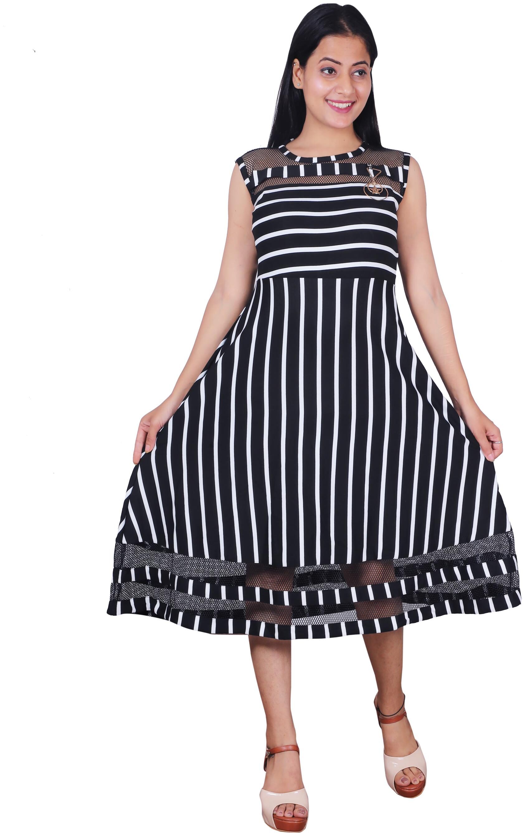 

Miss N World Black White Striped Fit flare dress