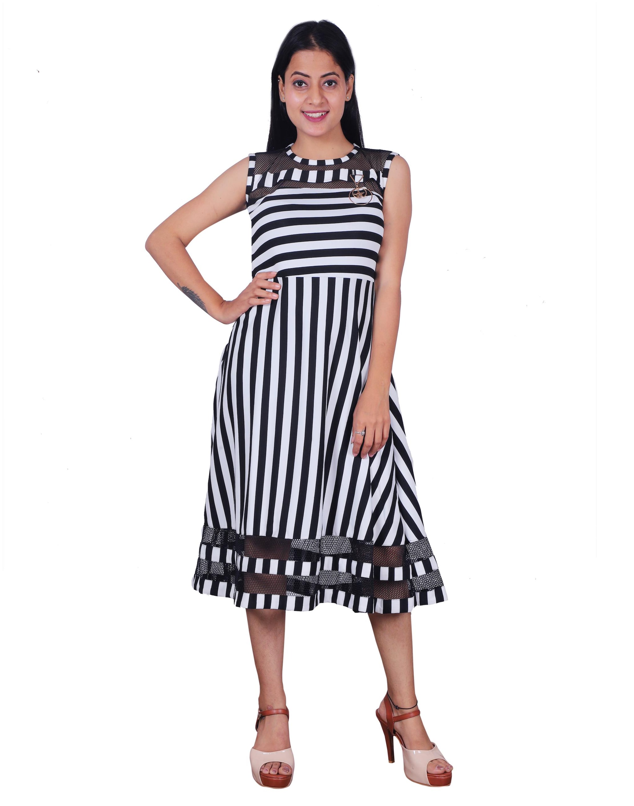 

Miss N World Black White Striped Fit flare dress