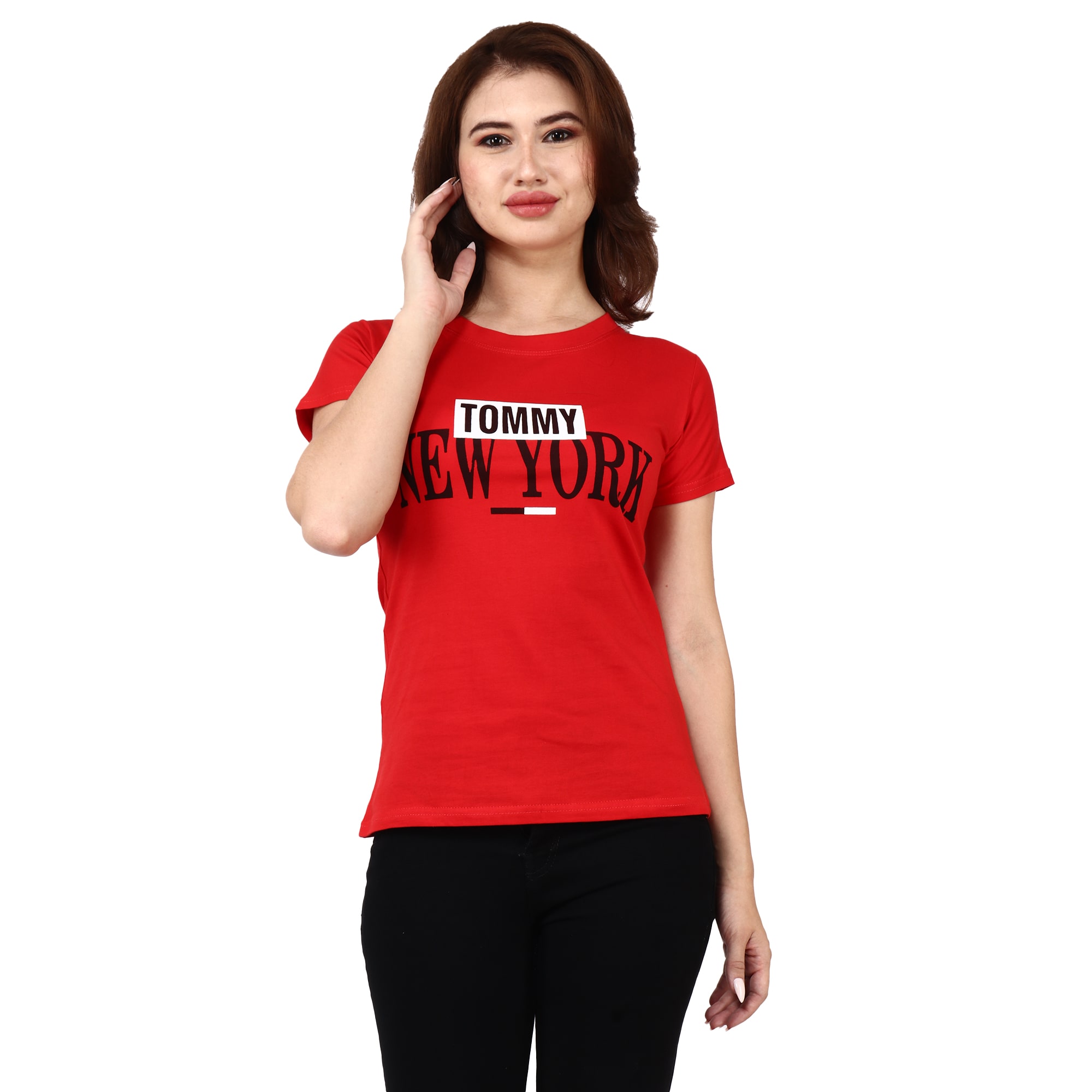 

Miss N World Women Red Regular fit Round neck Cotton T shirt