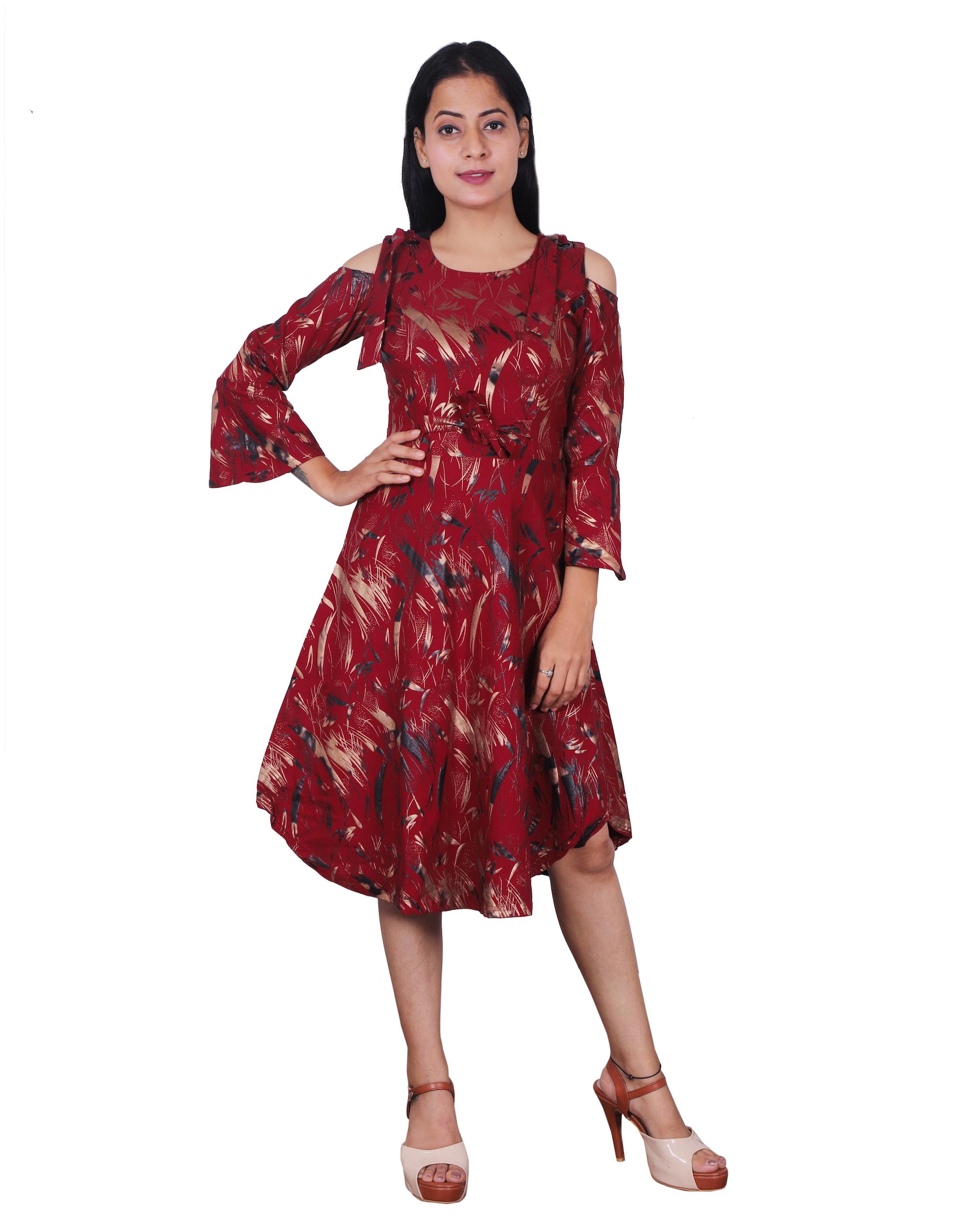 

Miss N World Maroon Printed Fit flare dress