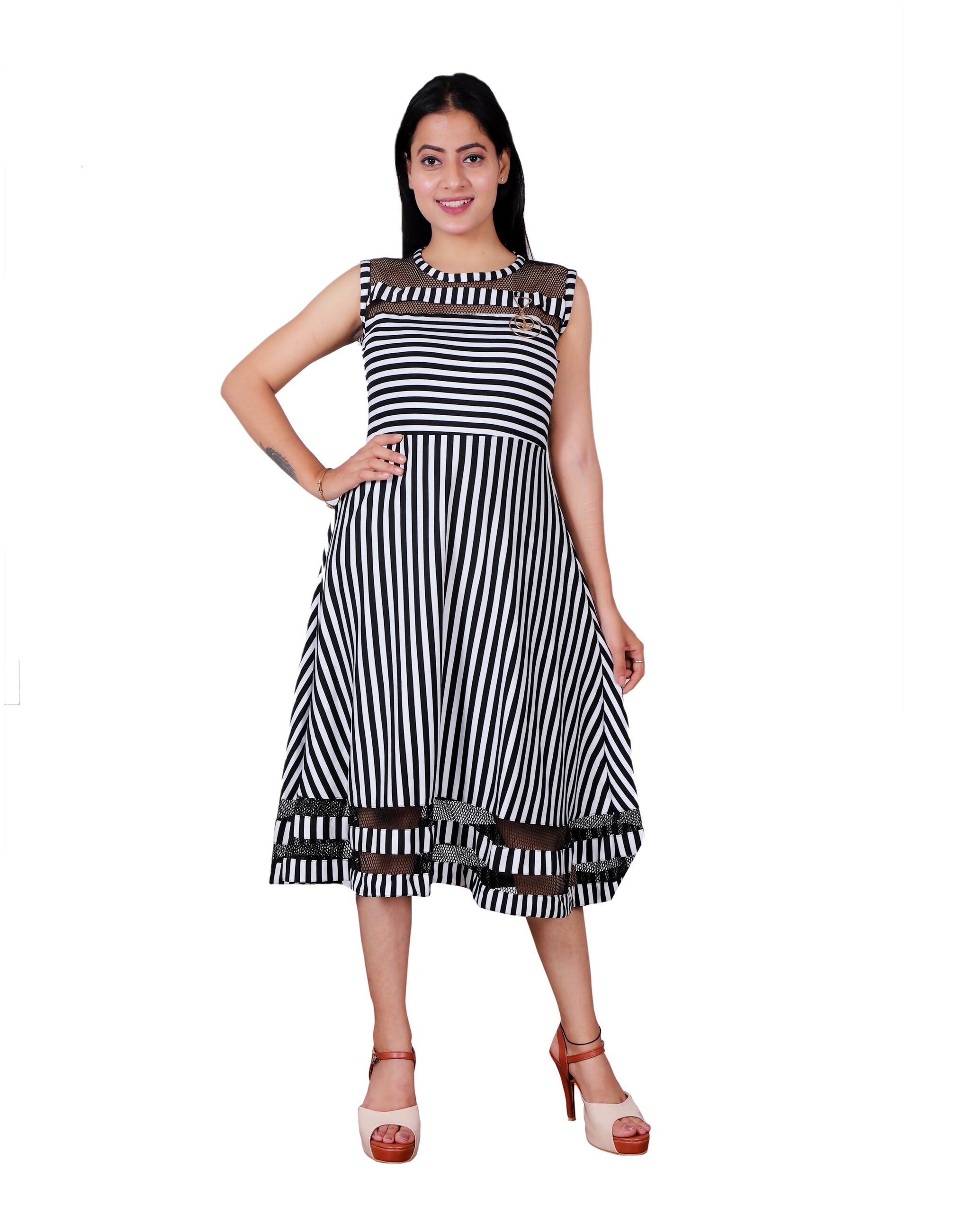 

Miss N World Black White Striped Fit flare dress