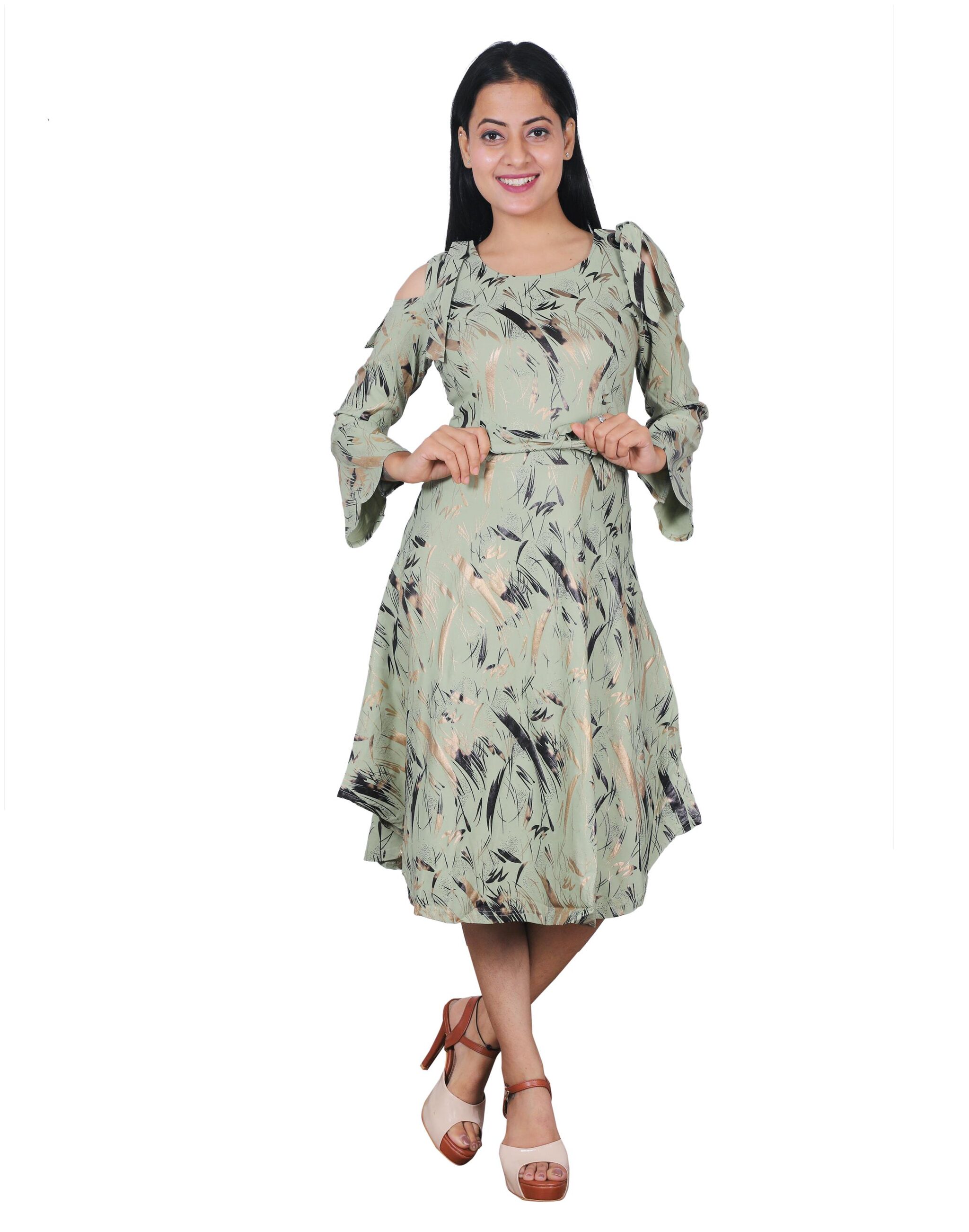 

Miss N World Green Printed Fit flare dress