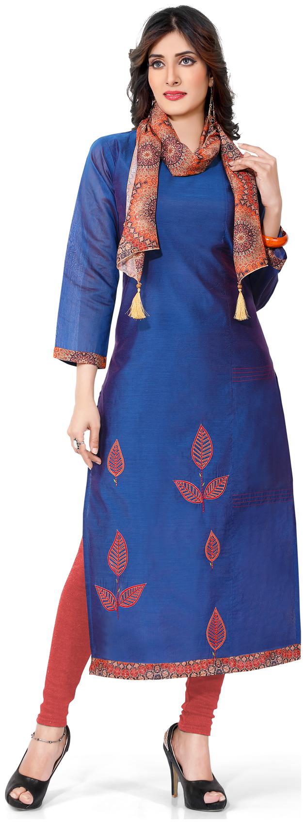 

South India Shopping Mall Women Blue Embroidered Straight Kurti
