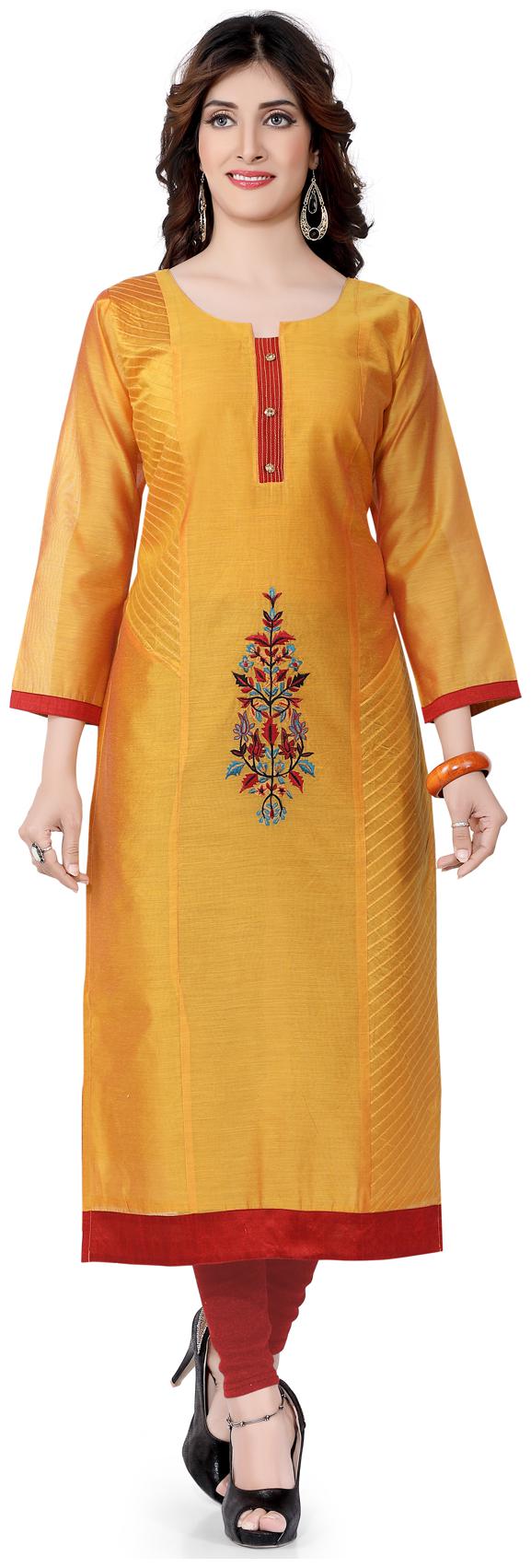 

South India Shopping Mall Women Yellow Embroidered Straight Kurti