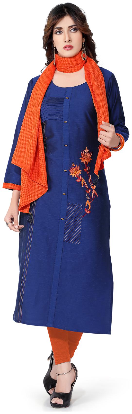 

South India Shopping Mall Women Blue Embroidered Straight Kurti