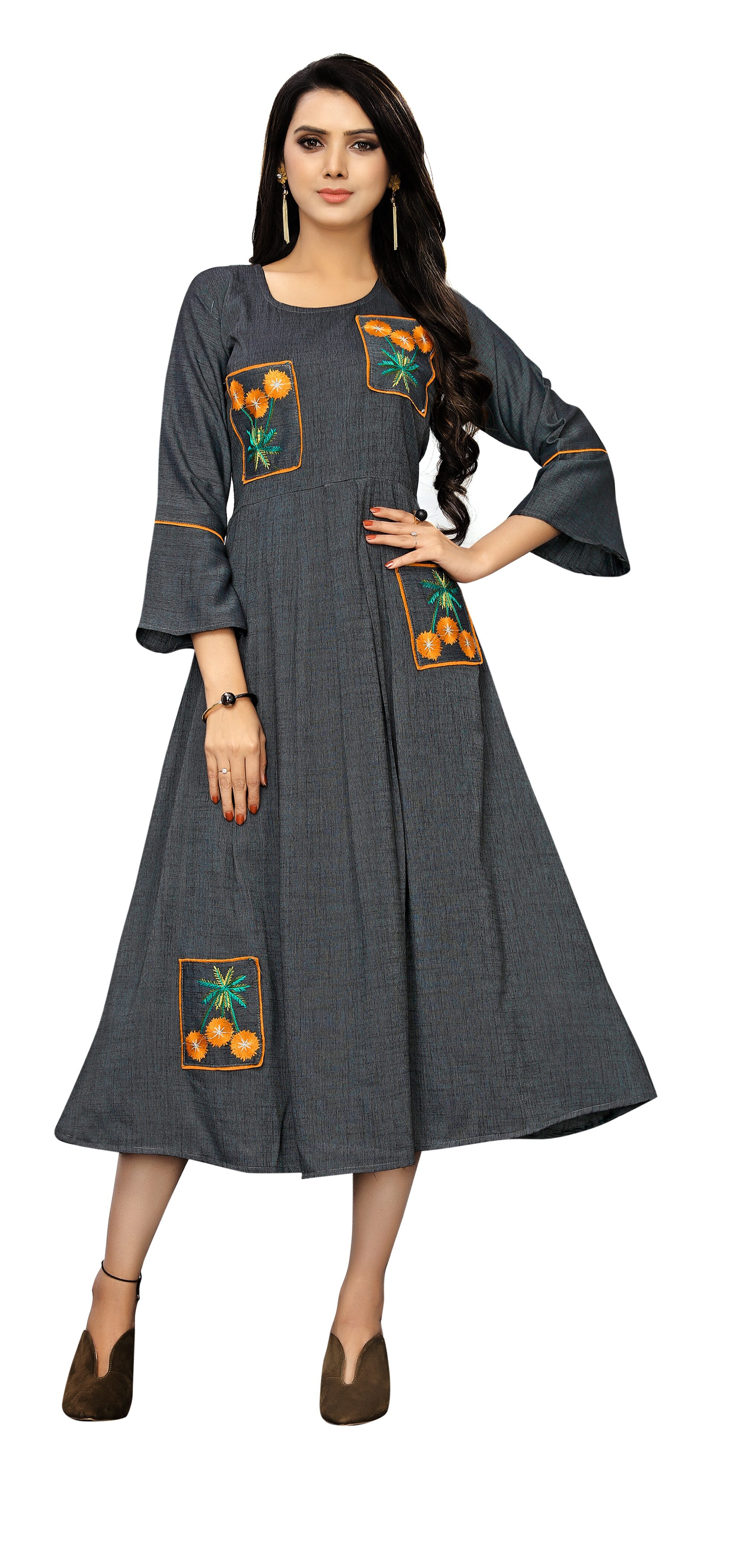 

MK Cotton Grey Embroidered Kurta Dress For Women