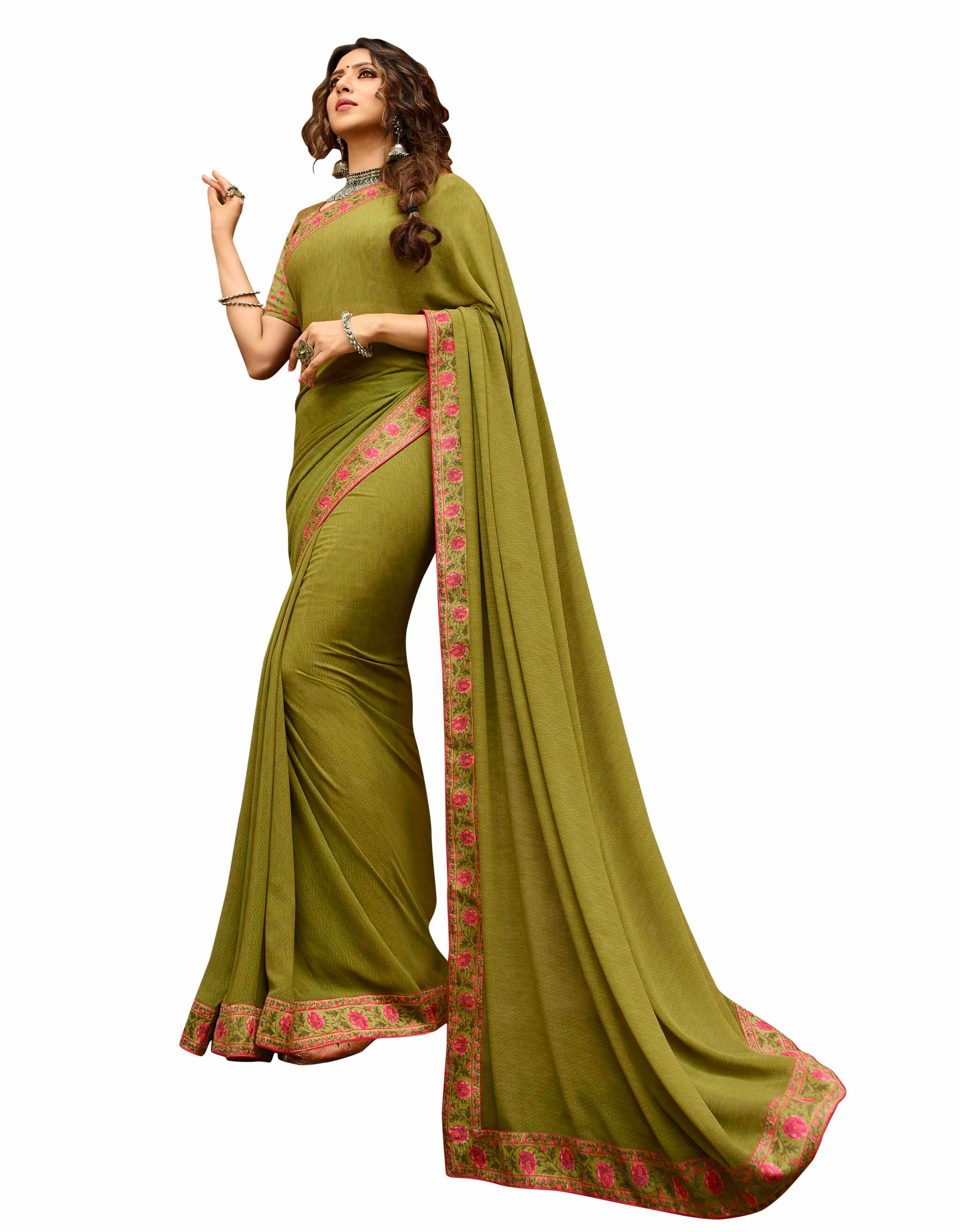 

MK Faux Georgette Solid Green Color Saree with Blouse