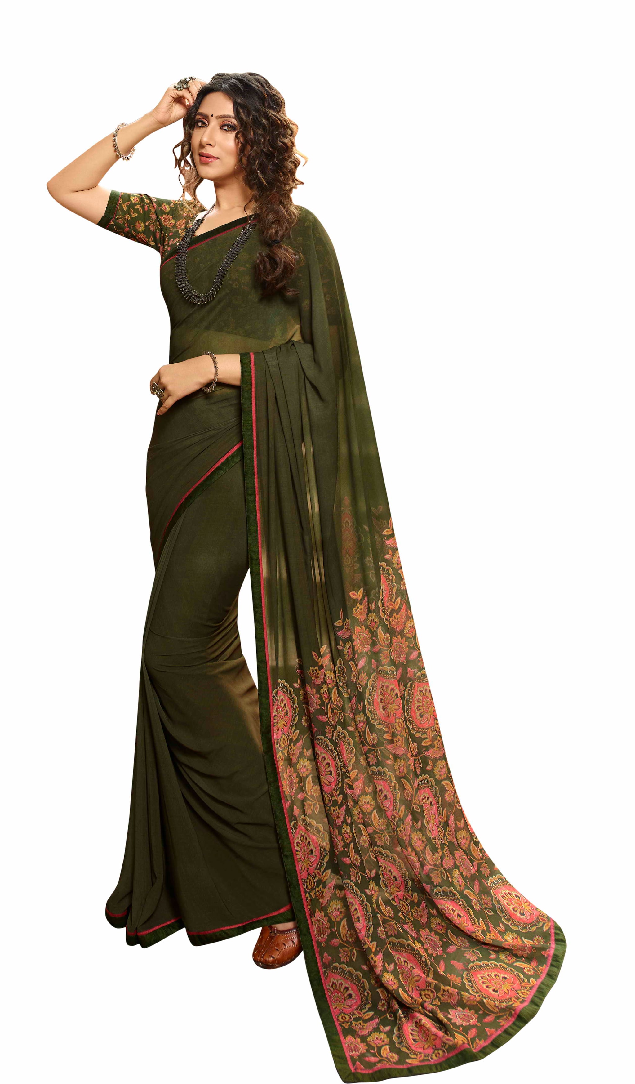 

MK Faux Georgette Floral Green Color Saree with Blouse