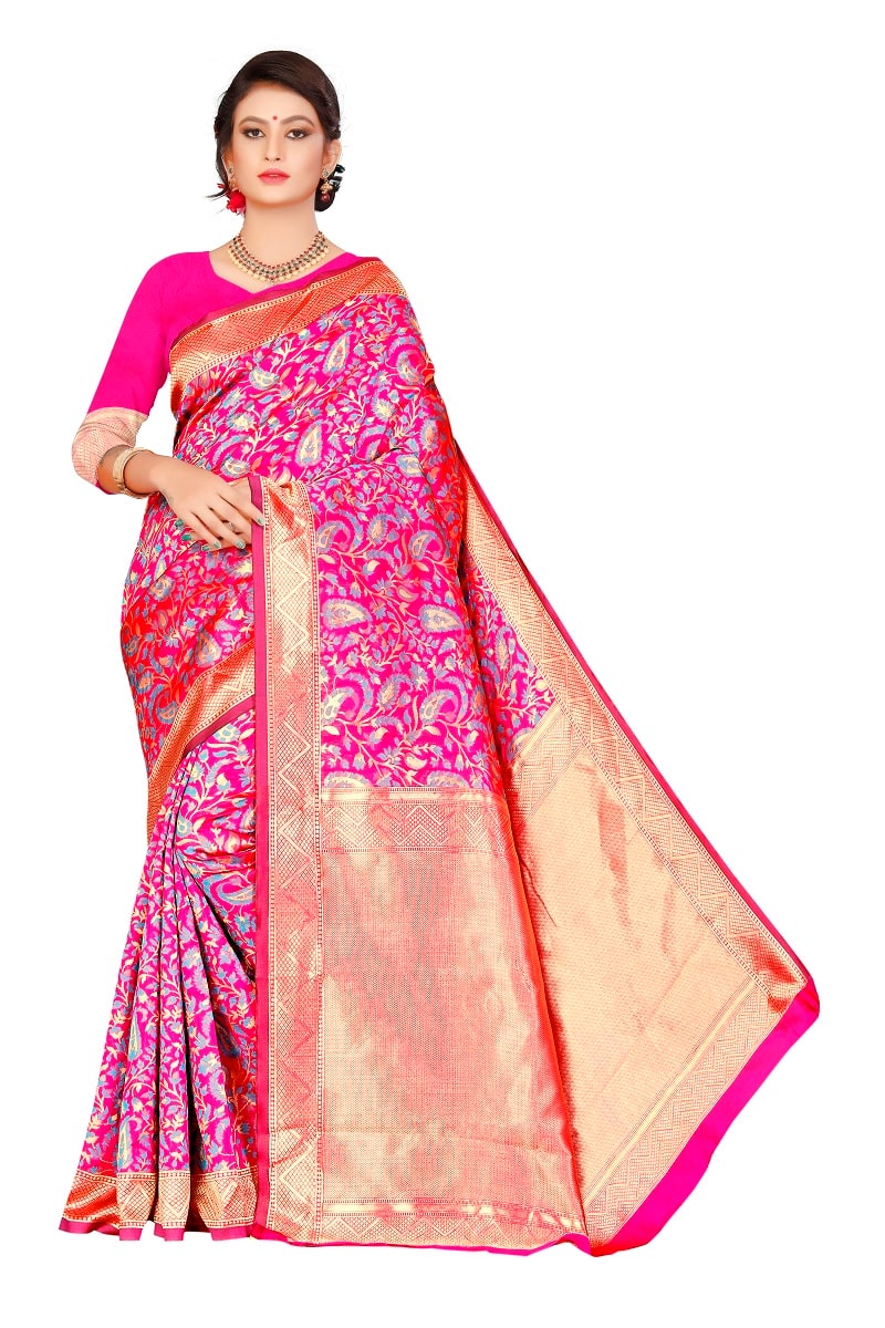 

MK Women Jacquard Floral Pink Designer Saree With Blouse