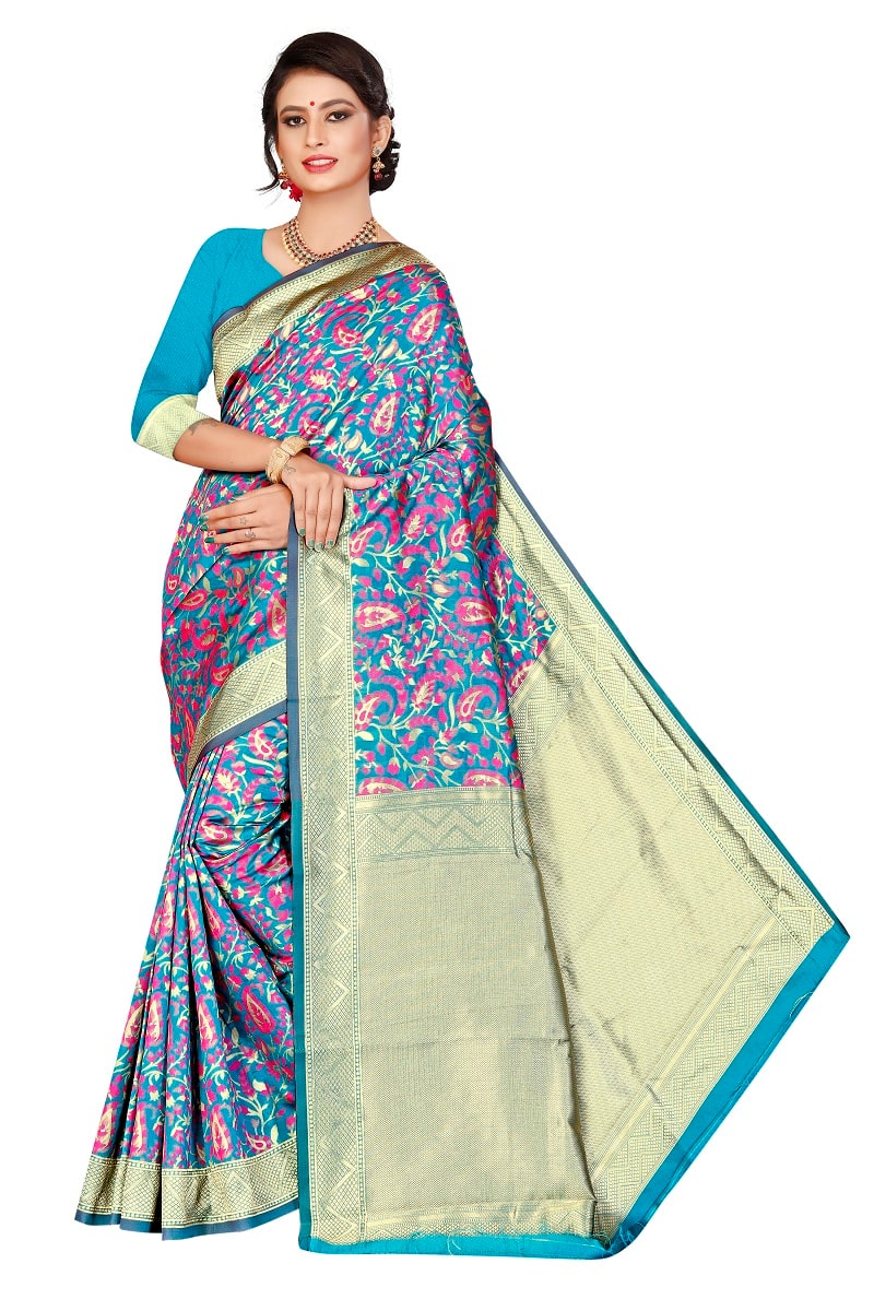 

MK Women Jacquard Floral Blue Designer Saree With Blouse