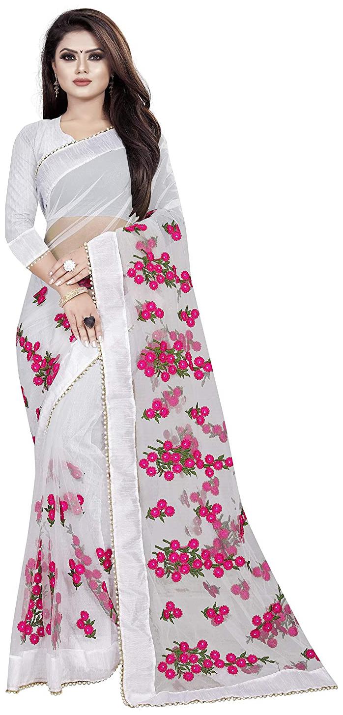 

MK Women Net Embroidered White Designer Saree With Blouse