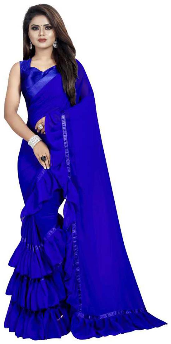 

MM Venture Blue Ruffle Border Solid Georgette Saree
